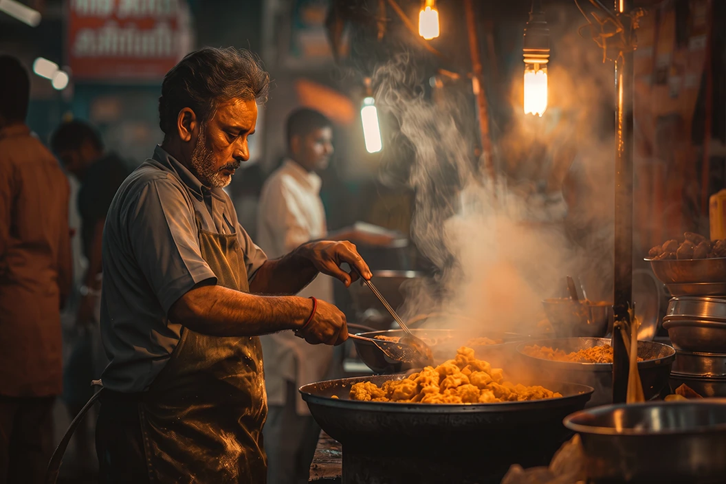Street-food vendor cooking at a night market under warm lights